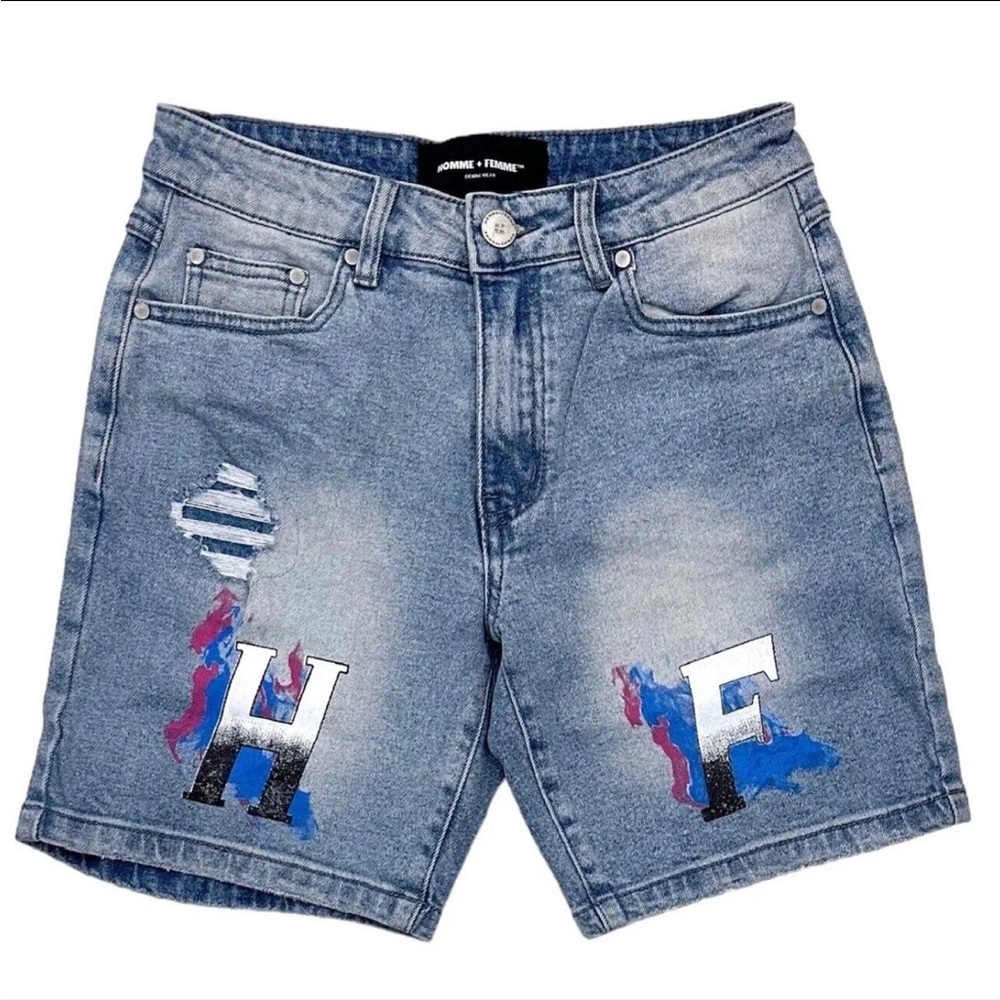 Homme + Femme Men's Hand Painted Logo Distressed Denim Jean Shorts |‎ NEW/NWT!!
